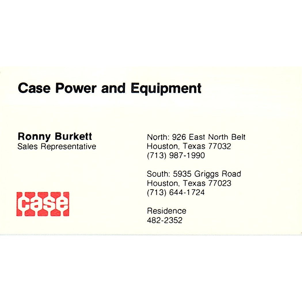 Case Power & Equipment Ronny Burkett Houston Texas Vintage Business Card SB4-B10