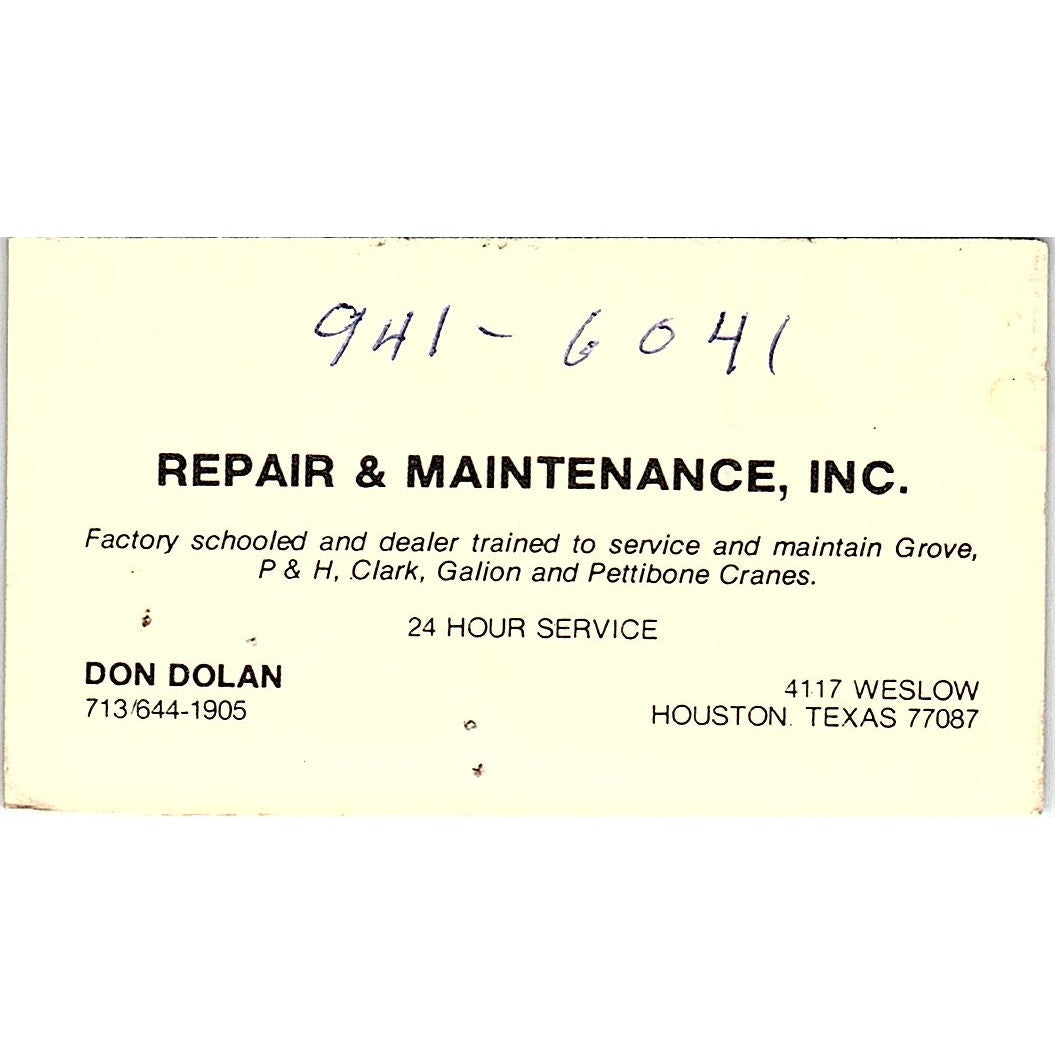 Repair & Maintenance Don Dolan Houston Texas Vintage Business Card SB4-B10