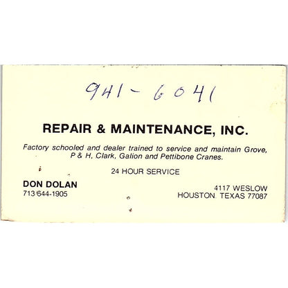 Repair & Maintenance Don Dolan Houston Texas Vintage Business Card SB4-B10