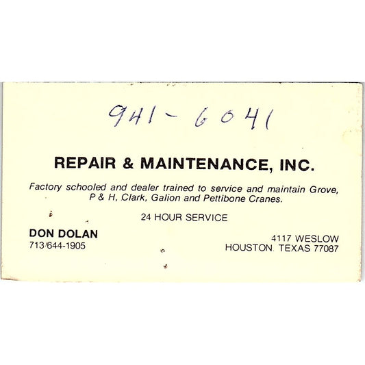 Repair & Maintenance Don Dolan Houston Texas Vintage Business Card SB4-B10