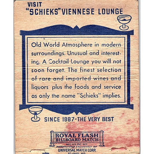 Shieks Viennese Cocktail Lounge Minneapolis MN Vtg Large Matchbook Cover ML1-8