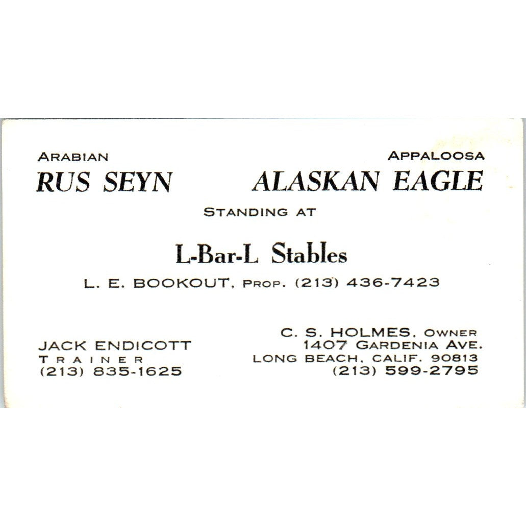 L-Bar-L Stables Jack Endicott C.S. Holmes Long Beach Vintage Business Card SD8-B15