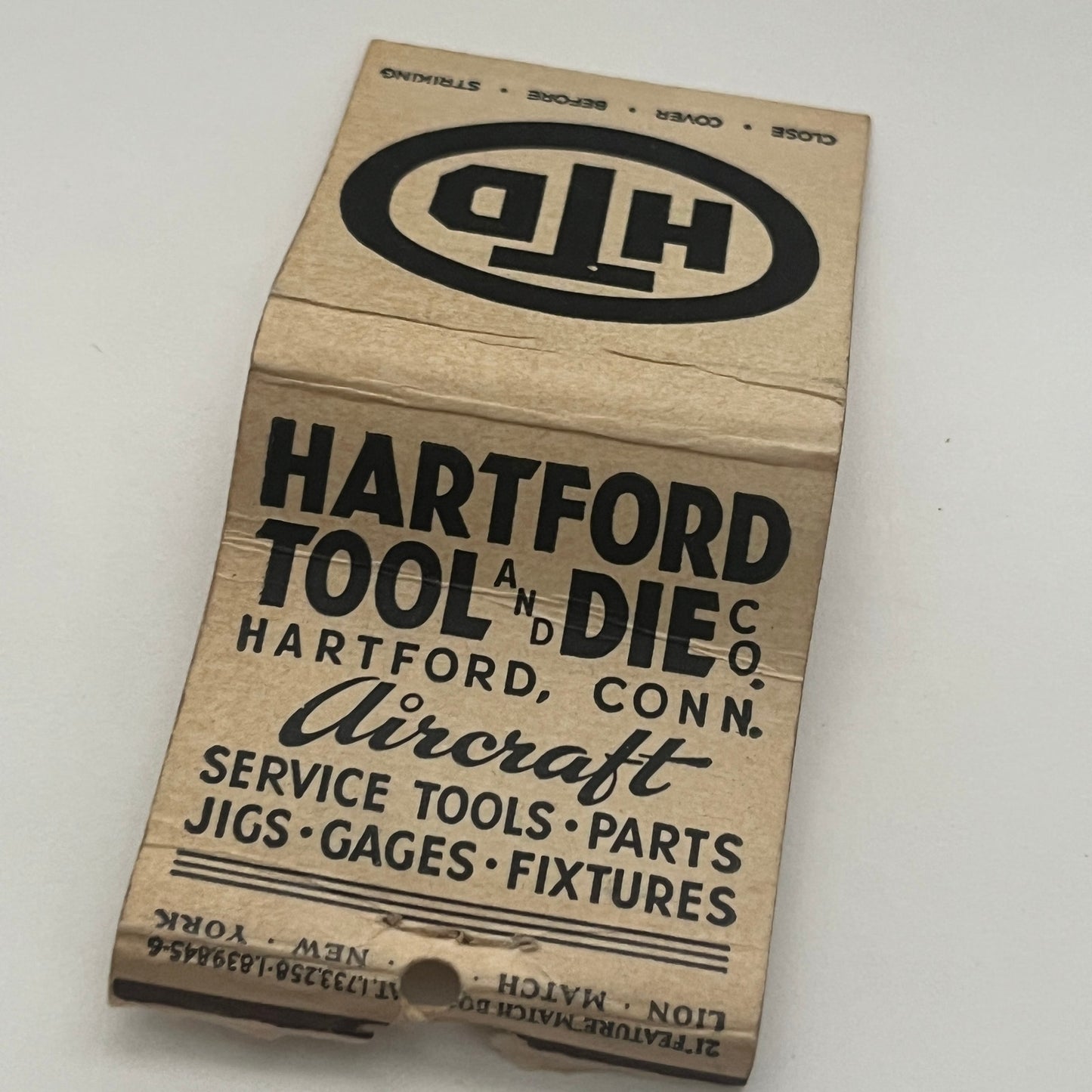 Hartford Tool and Die Co Hartford CT Aircraft Vintage Matchbook Cover MM4-1