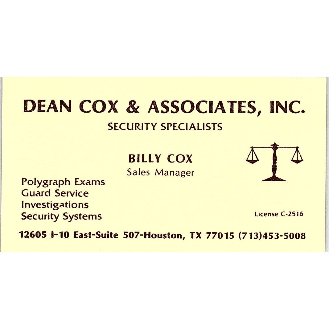 Dean Cox & Associates Billy Cox Houston Texas Vintage Business Card SB4-B3
