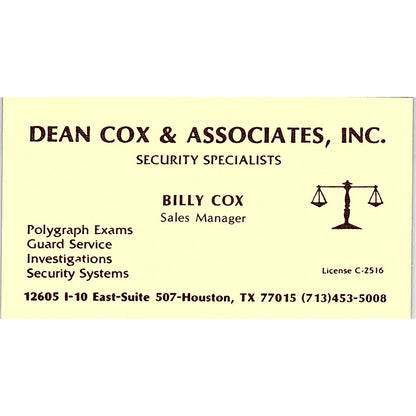Dean Cox & Associates Billy Cox Houston Texas Vintage Business Card SB4-B3