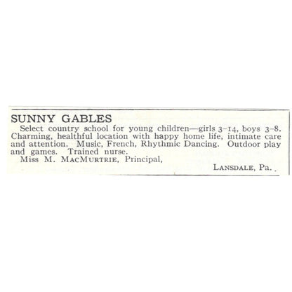 Sunny Gables Miss M. MacMurtrie Lansdale PA 1924 Magazine Ad AD8-O8