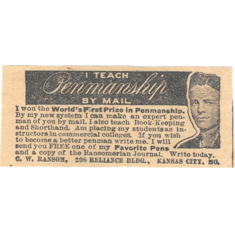 C.W. Ransom Penmanship By Mail Kansas City MO 1910 Magazine Ad AF1-SS6