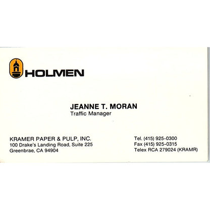 Jeanne T Moran Holmen Greenbrae CA Vintage Business Card SC9-B4