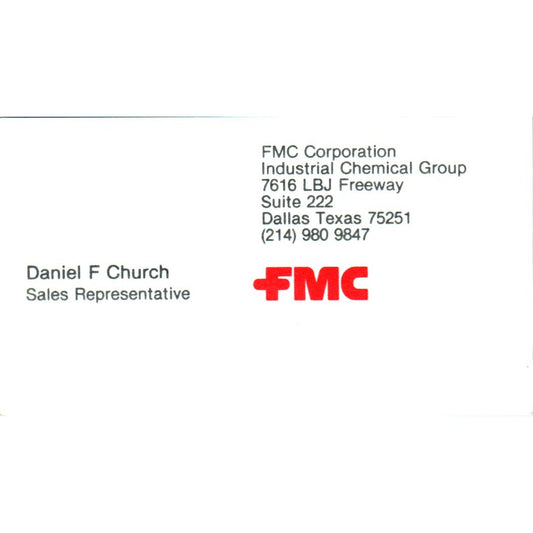 Daniel F Church FMC Corporation Dallas TX Vintage Business Card SE3-B10