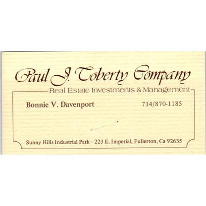 Bonnie V. Davenport Paul J Toberty Real Estate Fullerton CA Business Card SD8-B2