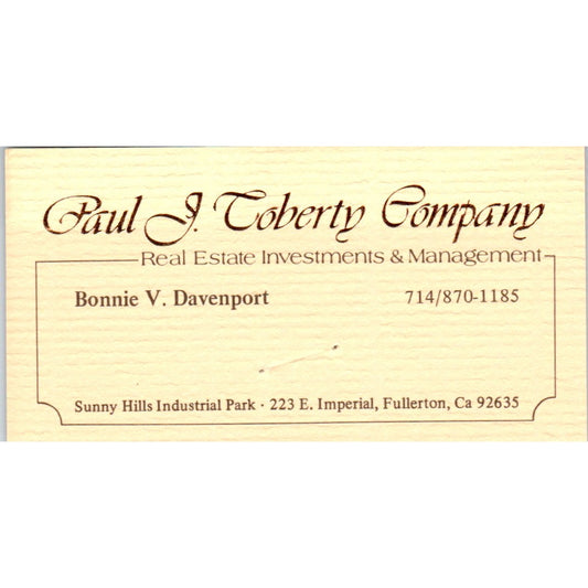 Bonnie V. Davenport Paul J Toberty Real Estate Fullerton CA Business Card SD8-B2