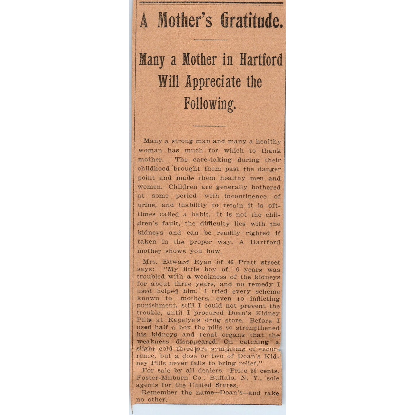 A Mother's Gratitude Mrs. Edward Ryan Hartford 1901 Newspaper Ad AD8-H3