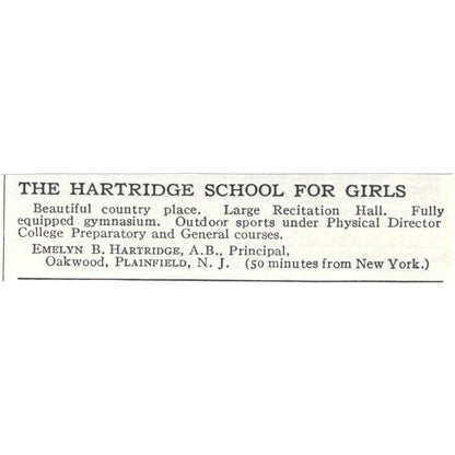Emelyn B. Hartridge School for Girls Plainfield NJ c1918 Advertisement AE5-SA8