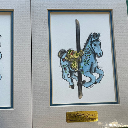 Blue Carousel Horse 5x7 Matted Print Hand Watercolor, Signed Shar Coulson