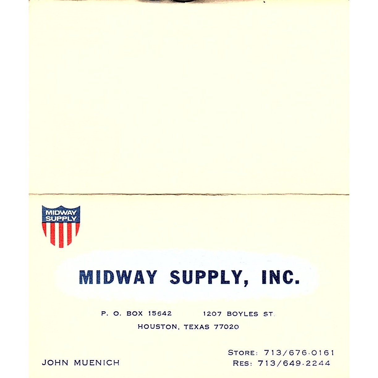 Midway Supply Inc John Muenich Houston Texas Vintage Business Card SB4-B11