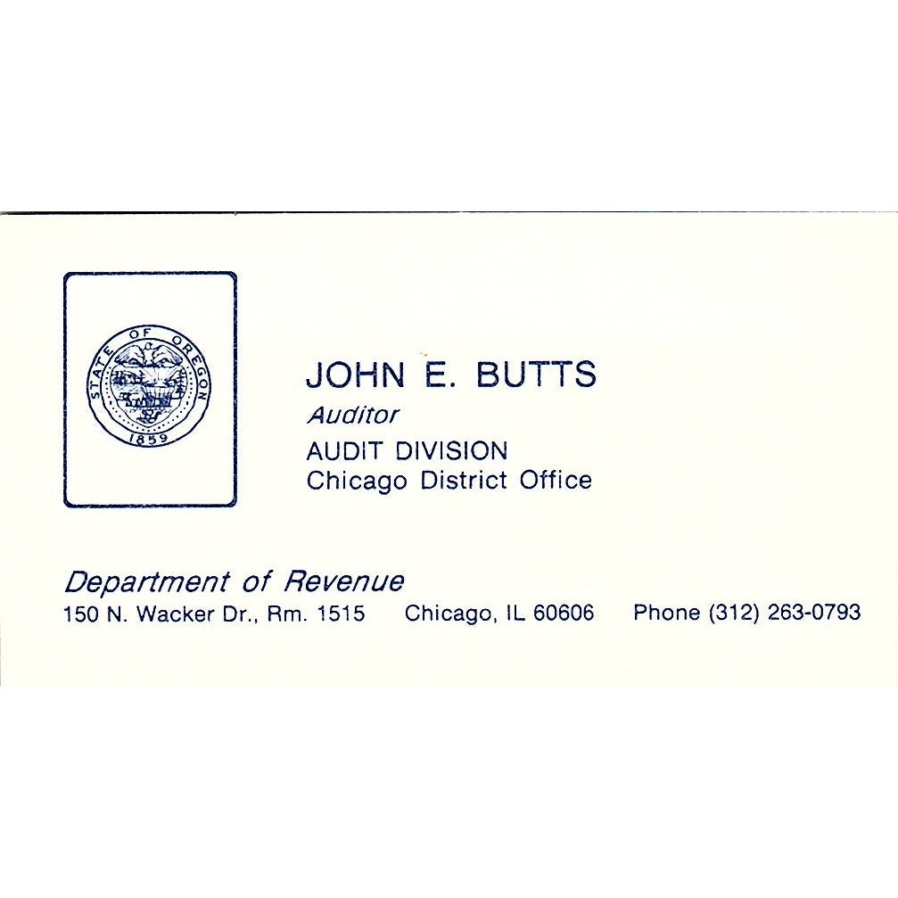 John E Butts Department of revenue Chicago Illinois Vintage Business Card SF3-B3