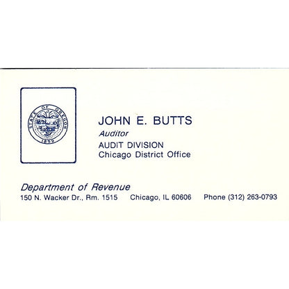 John E Butts Department of revenue Chicago Illinois Vintage Business Card SF3-B3