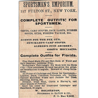 W. Holberton Sportsmen's Emporium 117 Fulton Street New York 1878 Ad AG2-M13