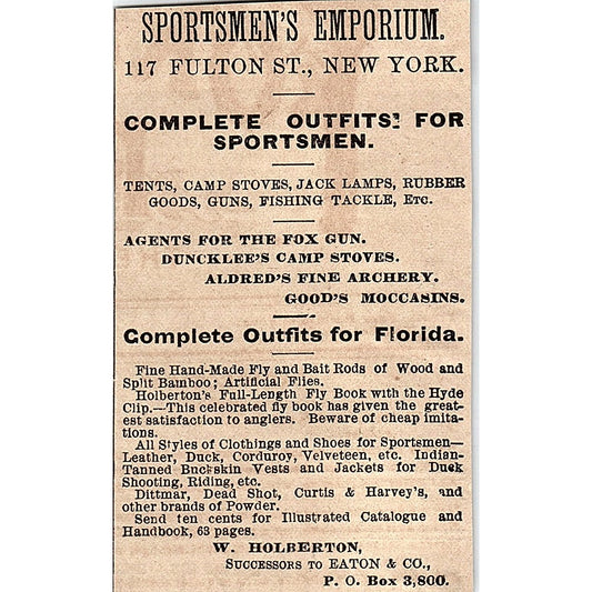 W. Holberton Sportsmen's Emporium 117 Fulton Street New York 1878 Ad AG2-M13