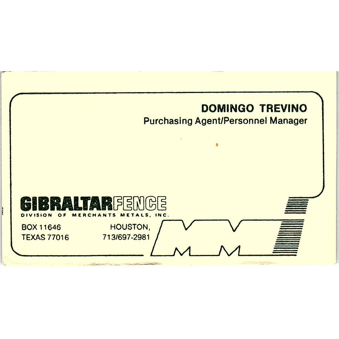 Domingo Trevino Gibralter Fence Houston Vintage Business Card SE5-B2