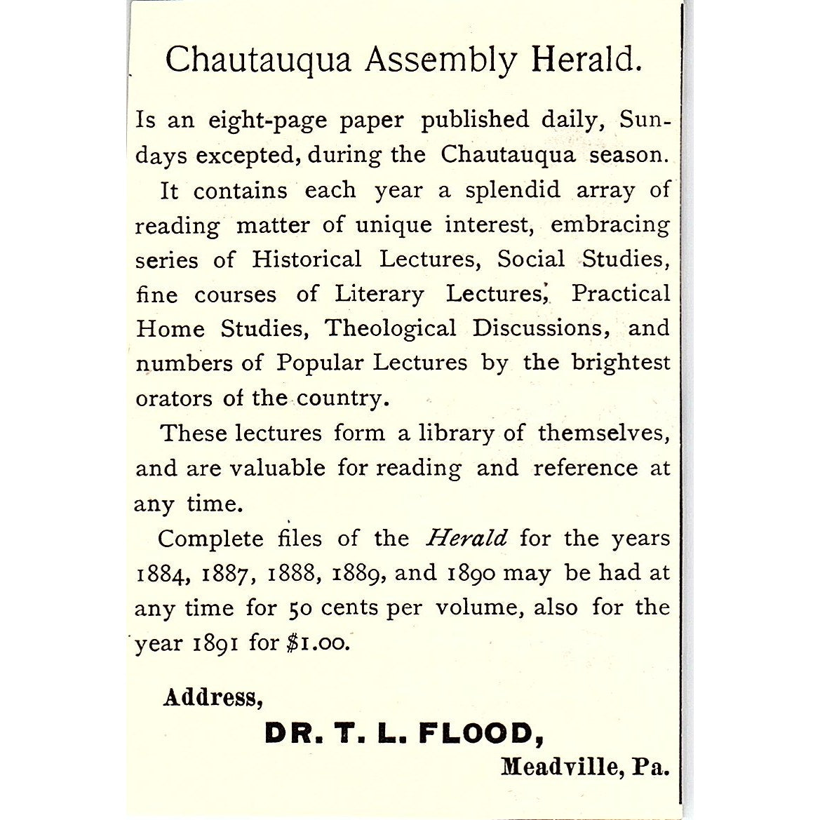 Dr. T. Flood Chautauqua Assembly Herald Meadville PA 1892 Ad AG2-M11