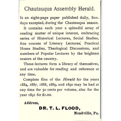 Dr. T. Flood Chautauqua Assembly Herald Meadville PA 1892 Ad AG2-M11