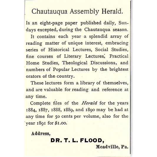 Dr. T. Flood Chautauqua Assembly Herald Meadville PA 1892 Ad AG2-M11