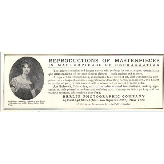 Mrs. Hicks Sir Thomas Lawrence Repro Berlin Photographic Co c1905 Ad AF1-CM4