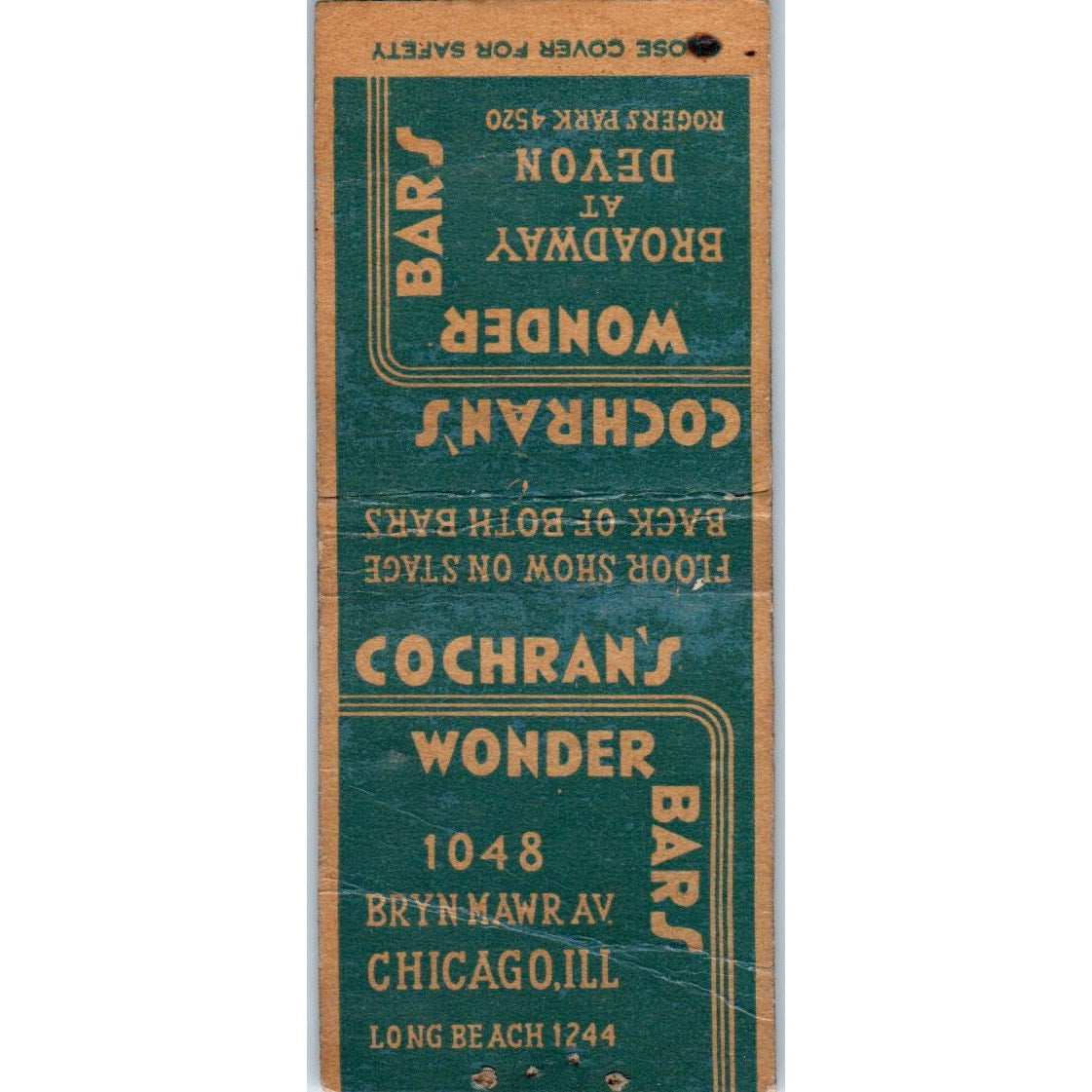 Cochran's Wonder Bar Chicago IL Vintage Matchbook Cover SD4-Y1