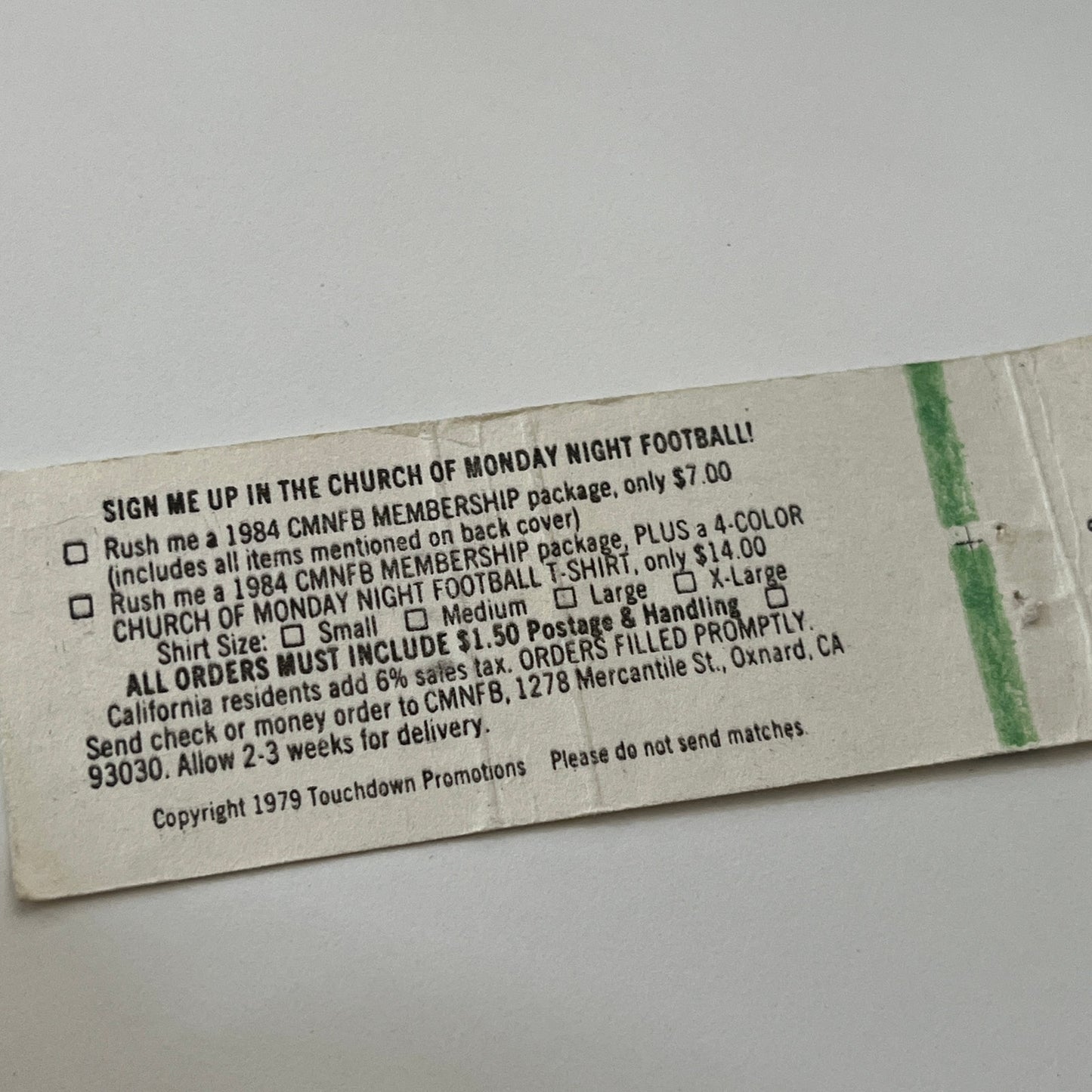 1984 Church of Monday Night Football Vintage Matchbook Cover TB6-MB1-14
