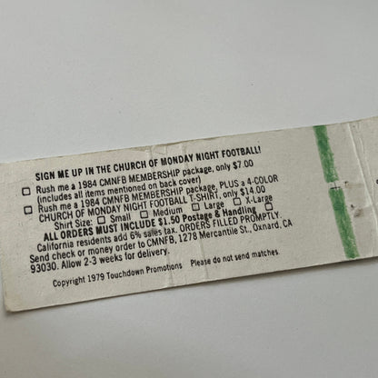 1984 Church of Monday Night Football Vintage Matchbook Cover TB6-MB1-14