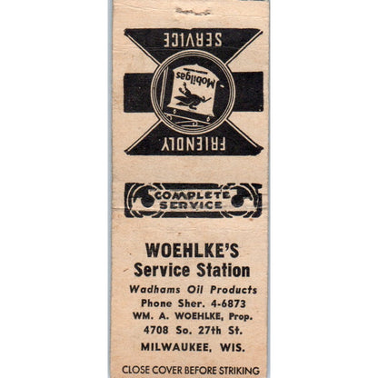 Woehlke's Service Station Milwaukee WI Vintage Matchbook Cover SD2-Y12
