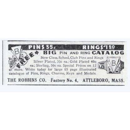 The Robbins Co Attleboro Mass Pins Rings 1930s Magazine Advertisement AE4-I3