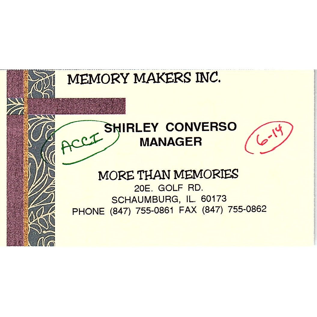 Shirley Converso Memory Makers Inc Schaumburg FL Vintage Business Card SC9-B10