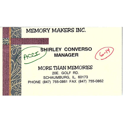 Shirley Converso Memory Makers Inc Schaumburg FL Vintage Business Card SC9-B10