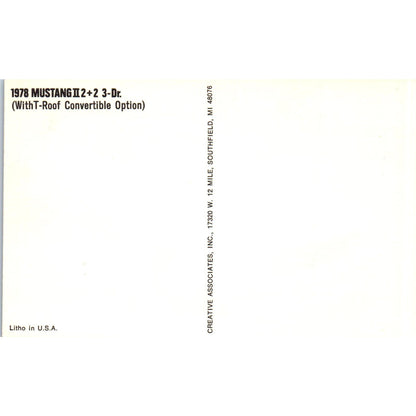 1978 Ford Mustang II 2+2 3-Door T-Roof Convertible Promo Vintage Postcard PC6