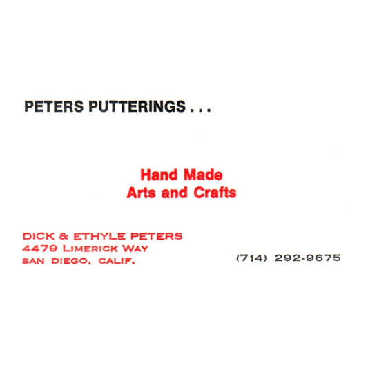 Vintage Peters Putterings Hand Made Arts & Crafts CA Business Card SF3-B1