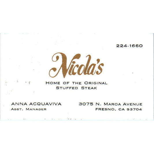 Nicola's Home of the Stuffed Steak Anna Acquaviva Fresno CA Business Card SD8-B6