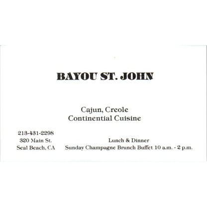 Bayou St. John Cajun Restaurant Seal Beach CA Vintage Business Card SD8-B6