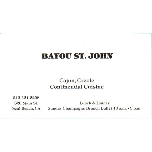 Bayou St. John Cajun Restaurant Seal Beach CA Vintage Business Card SD8-B6
