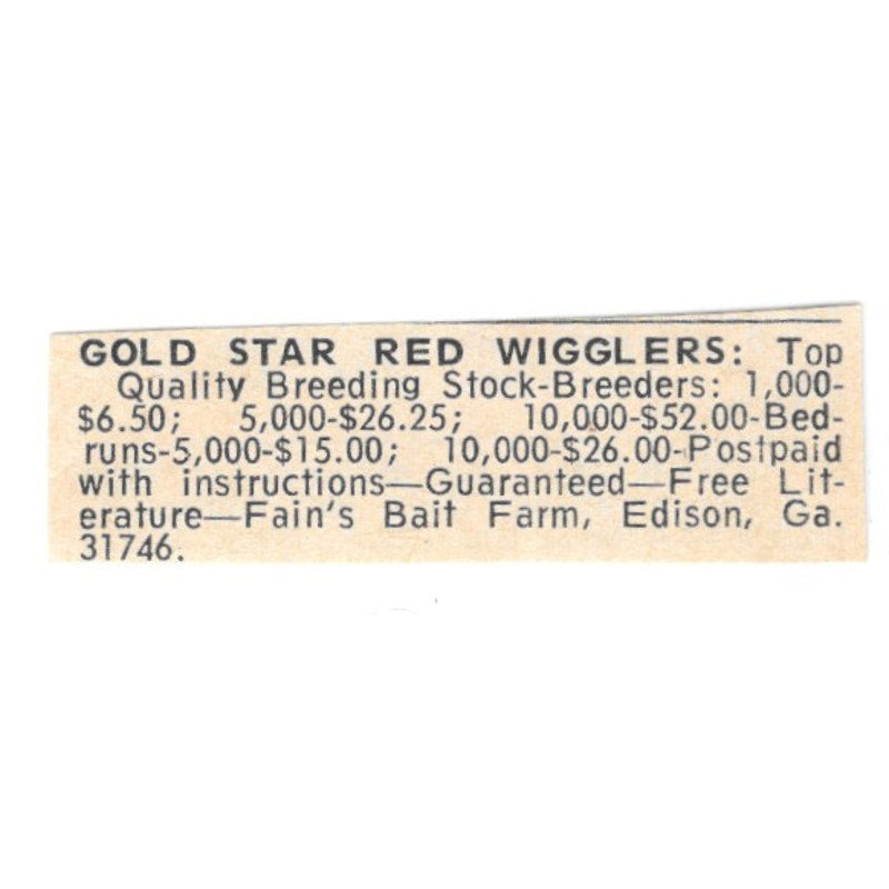 Fain's Bait Farm Gold Star Red Wigglers Edison GA 1977 Ad AF6-S5