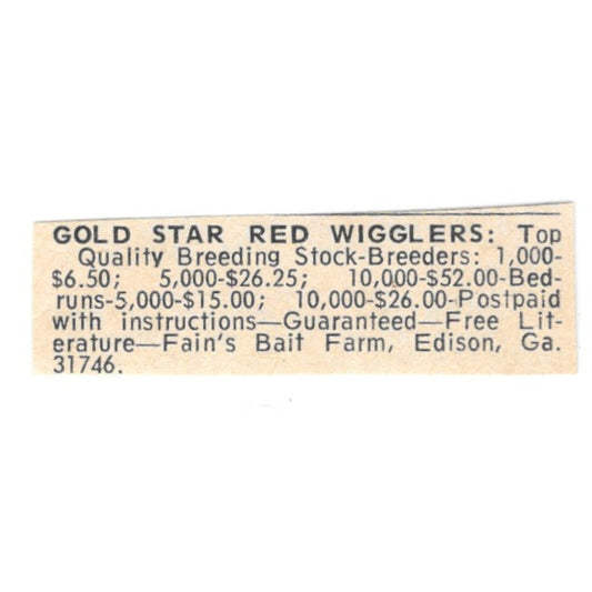 Fain's Bait Farm Gold Star Red Wigglers Edison GA 1977 Ad AF6-S5