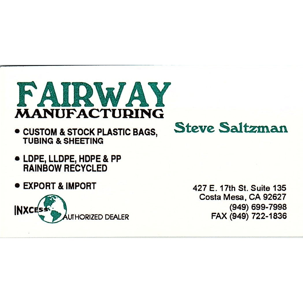 Steve Saltzman Fairway Mfg Costa Mesa CA Vintage Business Card SC9-B11