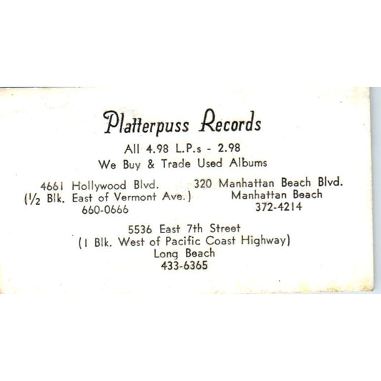 Platterpuss Records Long Beach CA Vintage Business Card SD8-B20