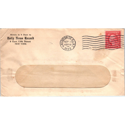 1922 Daily News Record NY Madison SB Station Postal Cover Envelope TG7-PC1