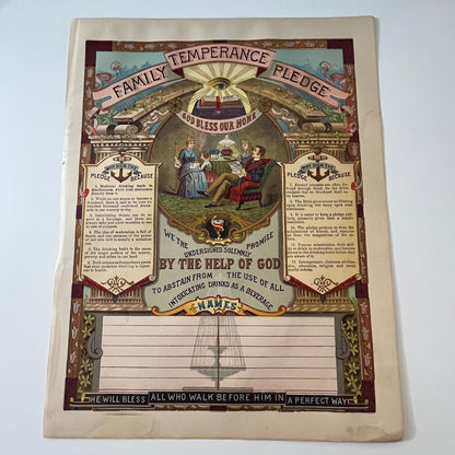 Family Temperance Pledge Wall Art 1892 Bible Engraving V1-6
