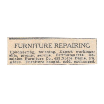 Furniture Repairing Dominion Furniture Co 488 Notre Dame Winnipeg 1920 Ad AG2-S3