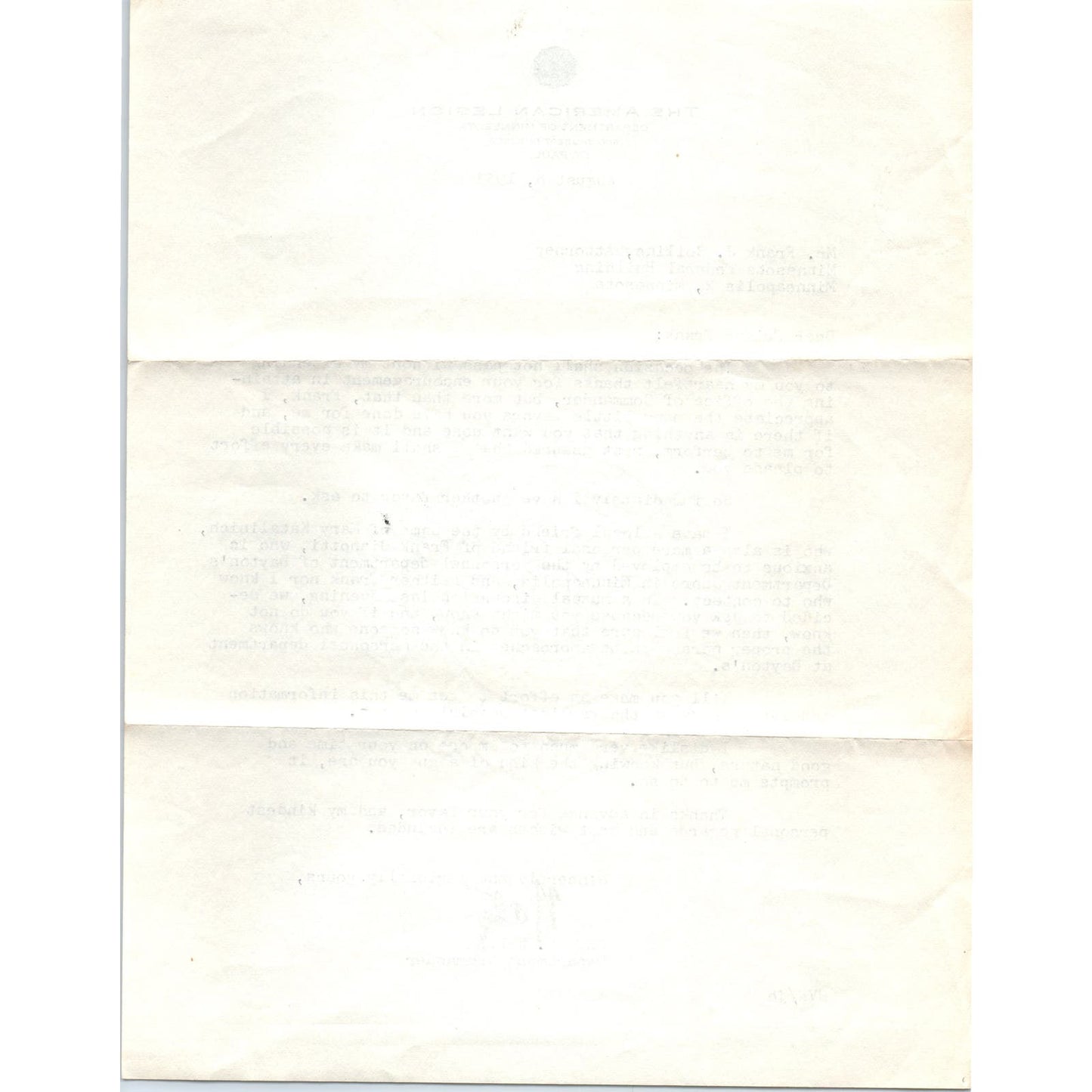 1953 The American Legion Department of Minnesota St. Paul Official Letterhead D9