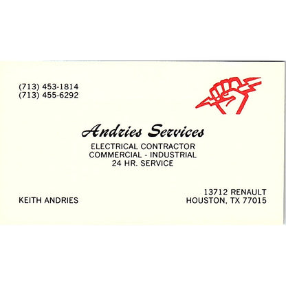 Andries Services Electrical Keith Andries Houston Texas Business Card SF3-B6