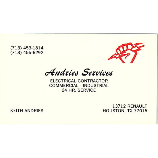 Andries Services Electrical Keith Andries Houston Texas Business Card SF3-B6